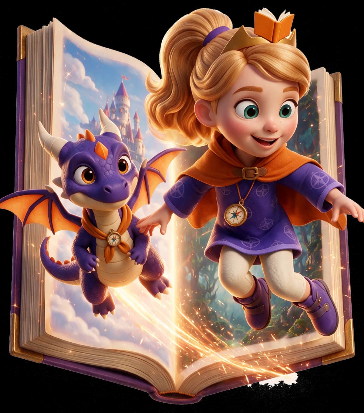 A girl and a dragon flying out of an open book