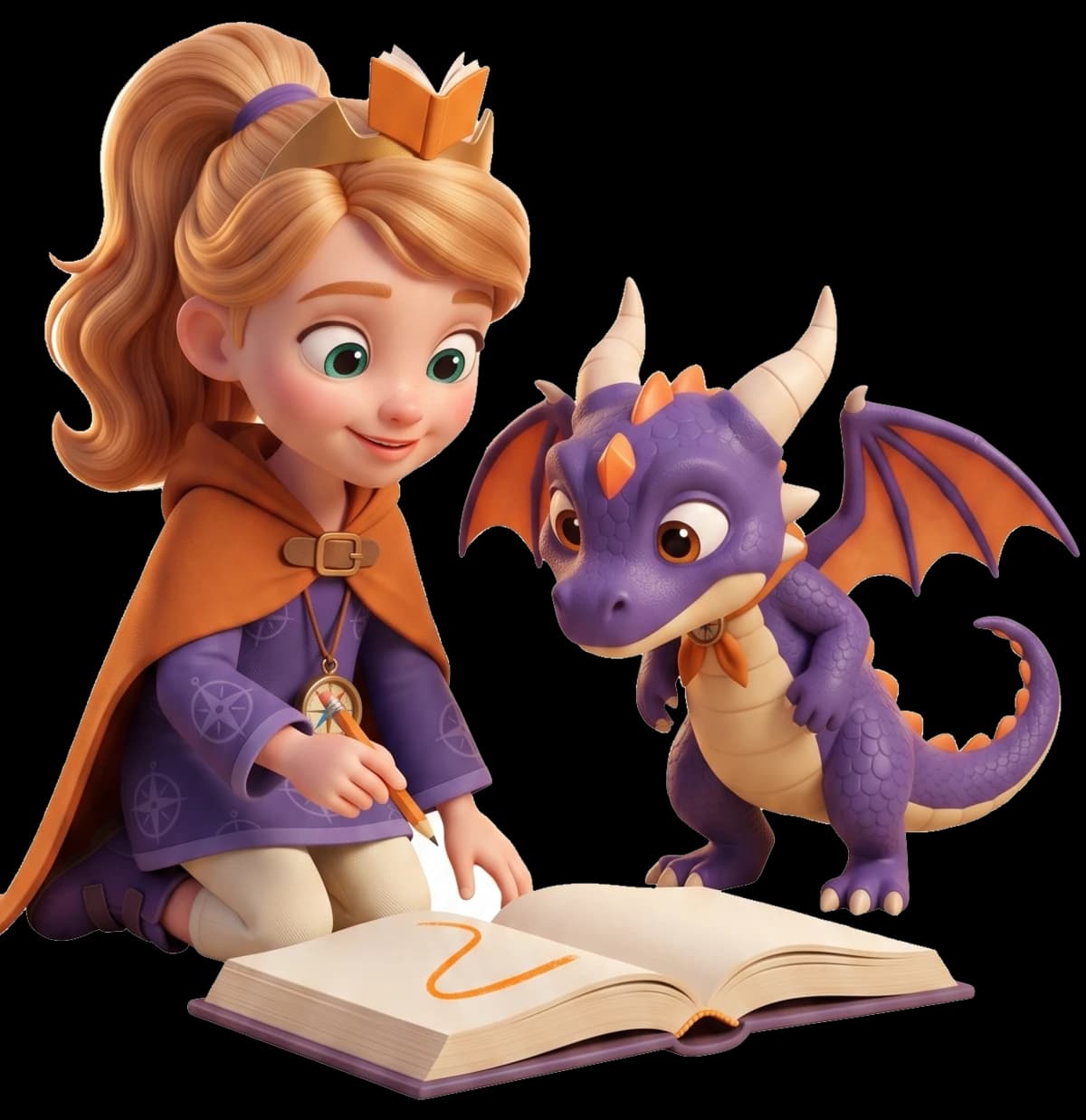 A girl and a dragon writing in a book