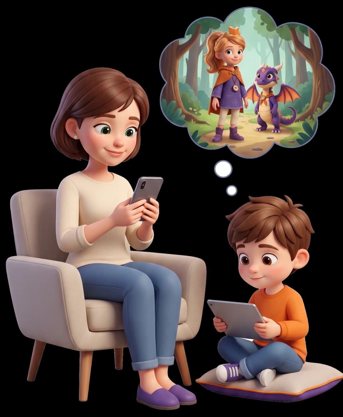 A mum with a phone and a boy with a tablet reading the same story